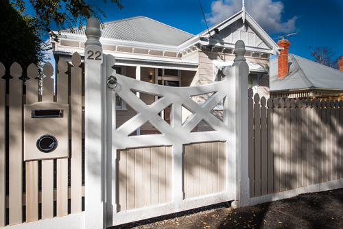 Picket fence with feature wooden gate Acorn posts